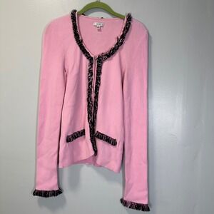 Cache‎ Vintage Y2K Pink Ribbed Knit Zip Front Cardigan Eyelash Fringe Trim Twee